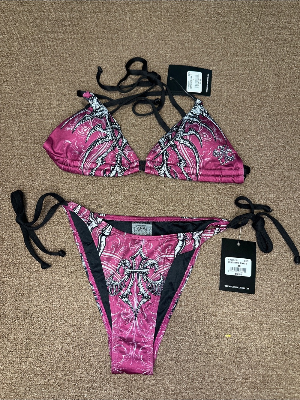 Affliction Pink/Black Tie-Side, Triangle Bikini in size XS. top has cross back